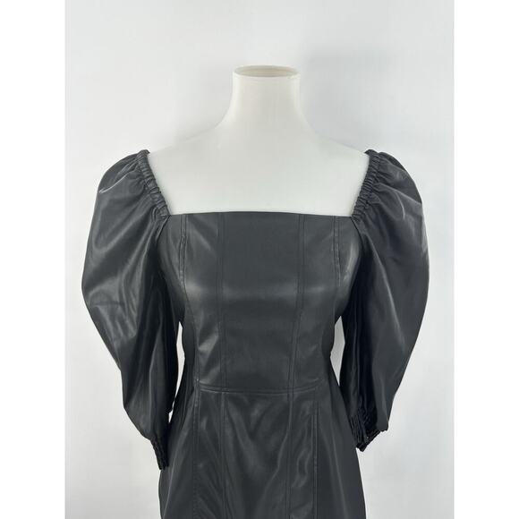 7 For All Mankind Black Faux Leather Puff Sleeve Smocked Mini Dress Sz M NWT - Picture 3 of 7